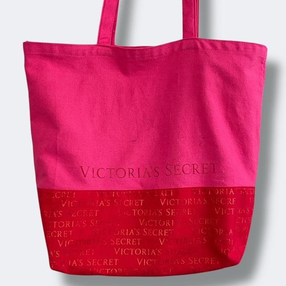 Victoria's Secret Vibrant Pink and Red Canvas Tote Metallic Beach Summer Travel - Picture 2 of 16